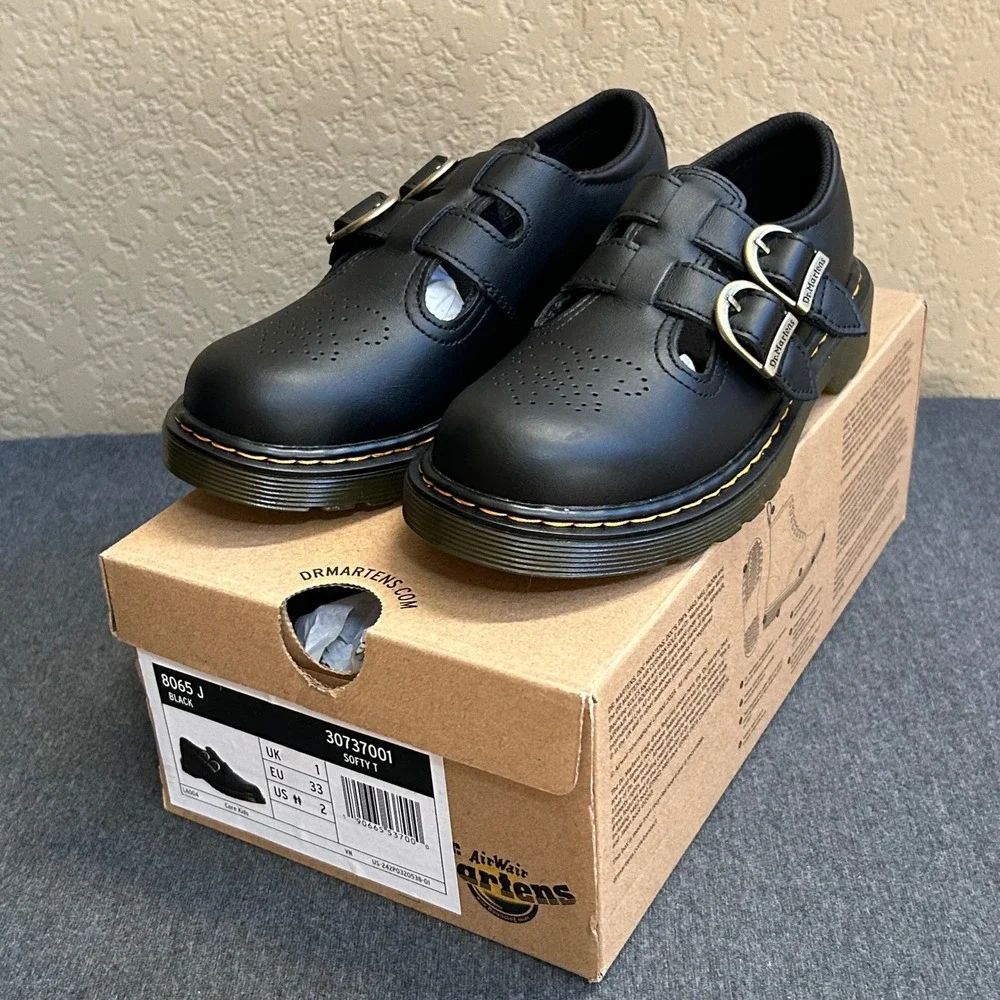 Dr Martens 8065 J Kids US 2 Black Softy T Leather Mary Jane Shoes NIB